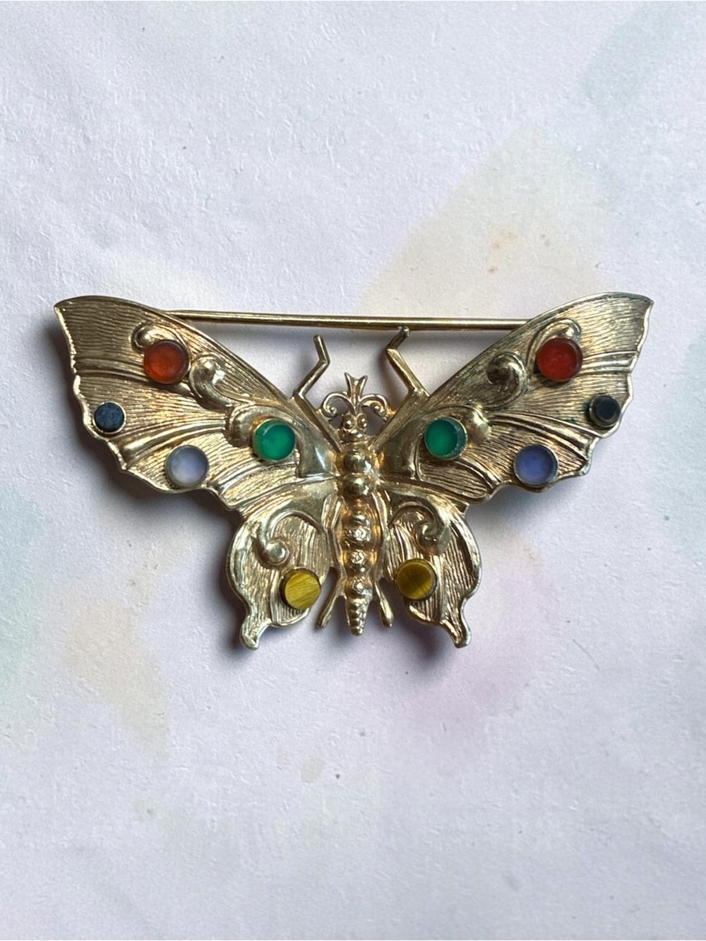 Vintage H.G. 1/20 12K GF Gold-Tone Butterfly Brooch with Multicolor Accents